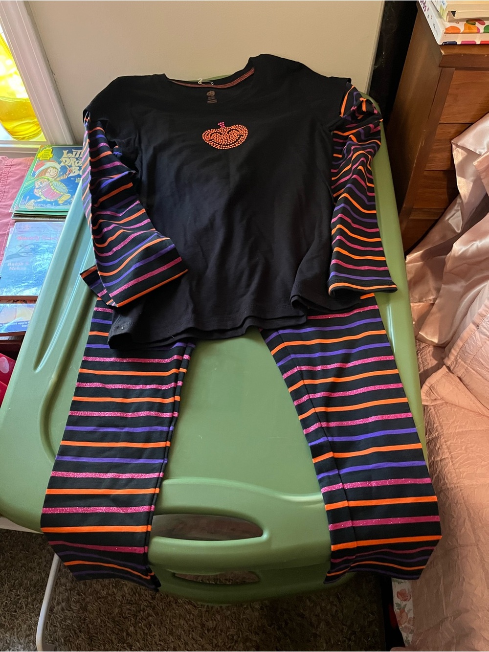Girls Black & Multicolor Striped Halloween Pumpkin Set size 10/12